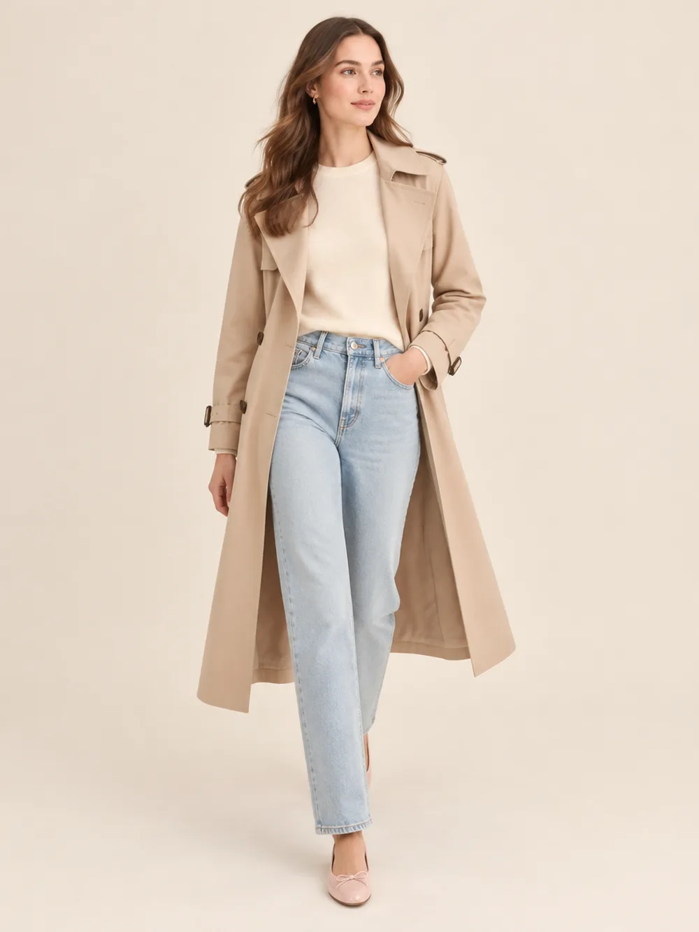 A woman in an open beige trench coat over a cream knit tucked into light straight jeans and blush ballet flats