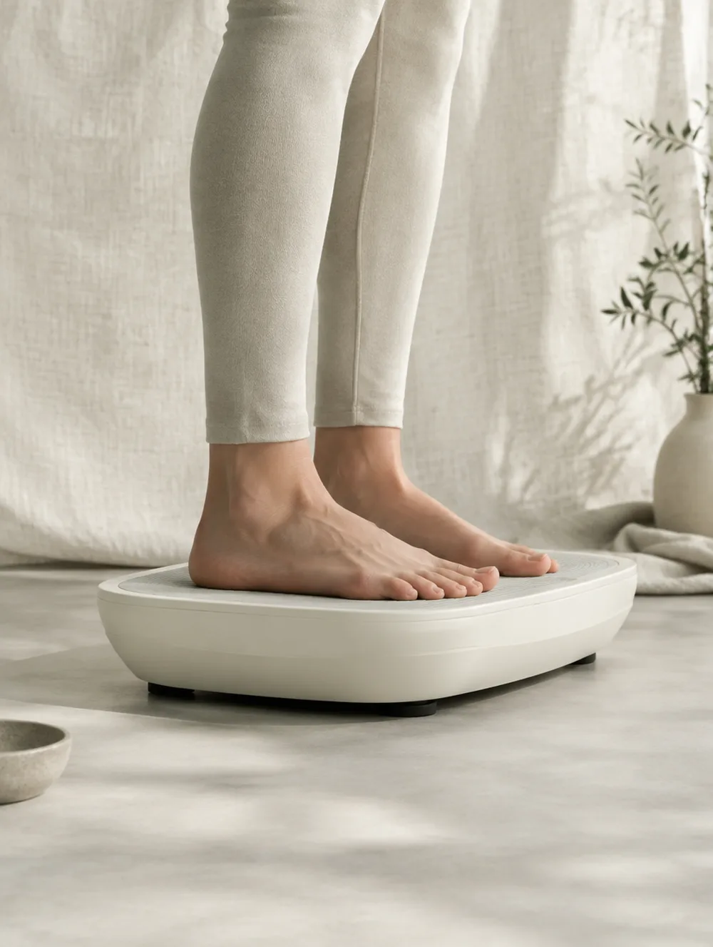 Bare feet with soft knees standing on a white vibration plate, oat leggings, pale linen backdrop