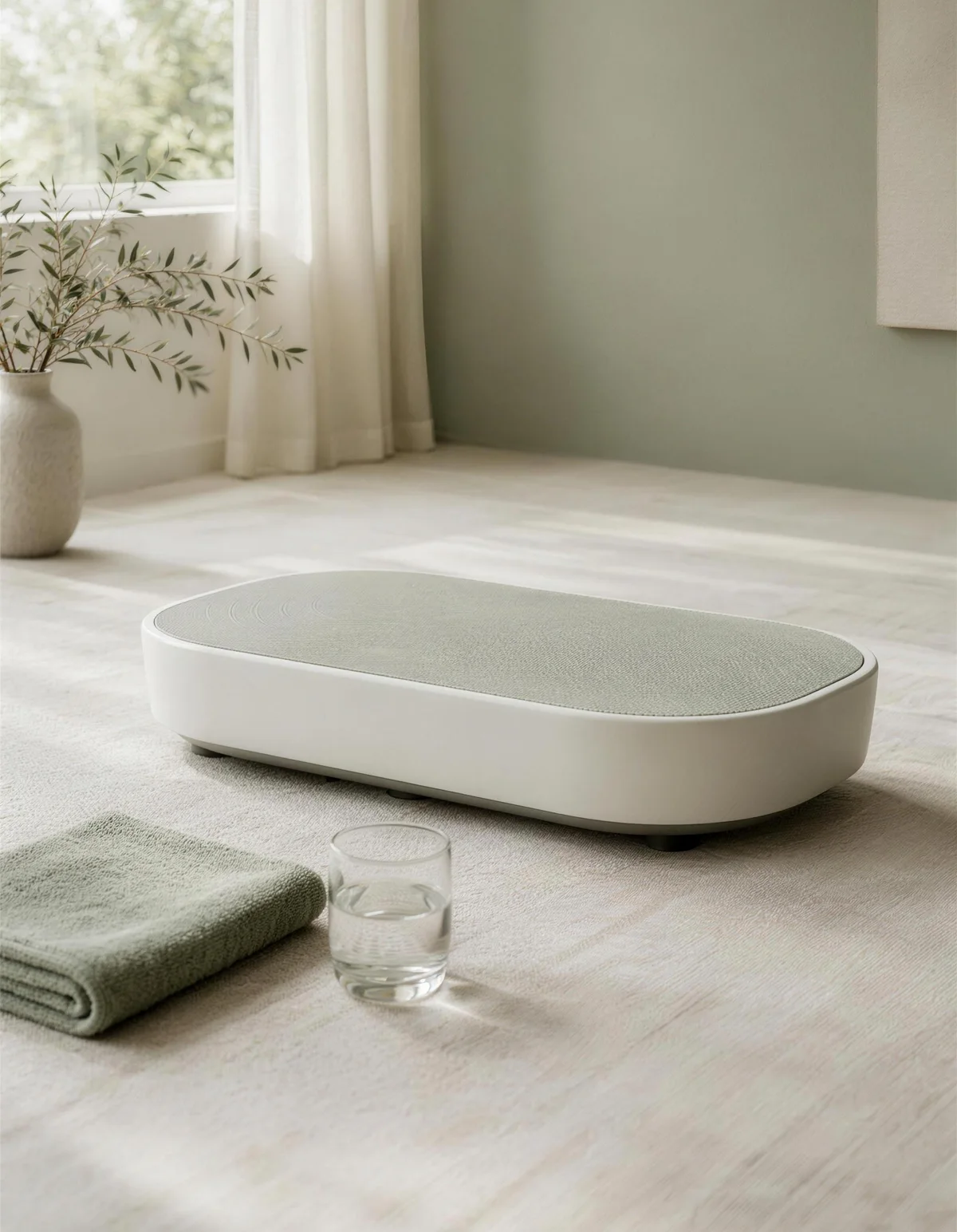 A minimal white vibration plate on pale oyster linen with a folded sage towel and a glass of water