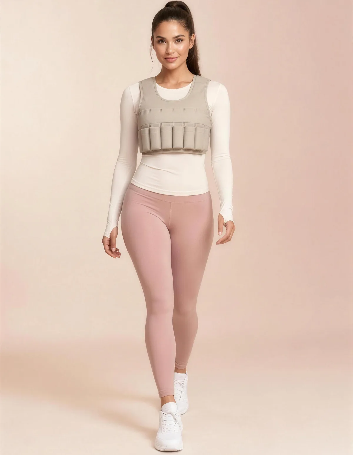 A fit, smiling woman walking on a cream and blush backdrop in a sand weighted vest over a fitted cream top and blush leggings