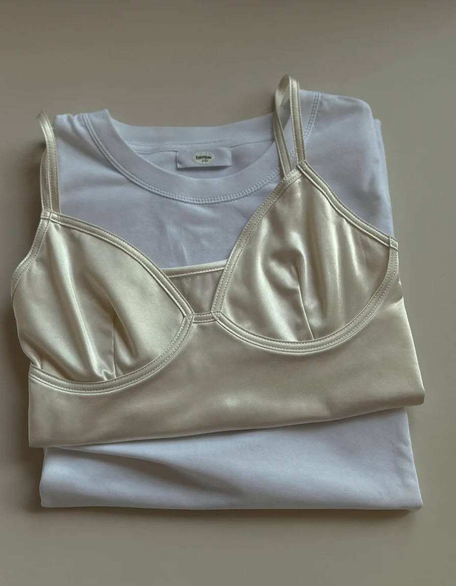 A folded white cotton t-shirt with a smooth ivory satin camisole folded on top of it