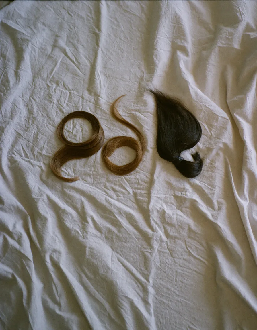 Three small locks of human hair in different shades laid in a row on pale oyster linen